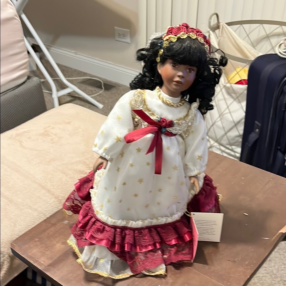 Red and White Decorative Doll with Ruffled Dress and Bonnet